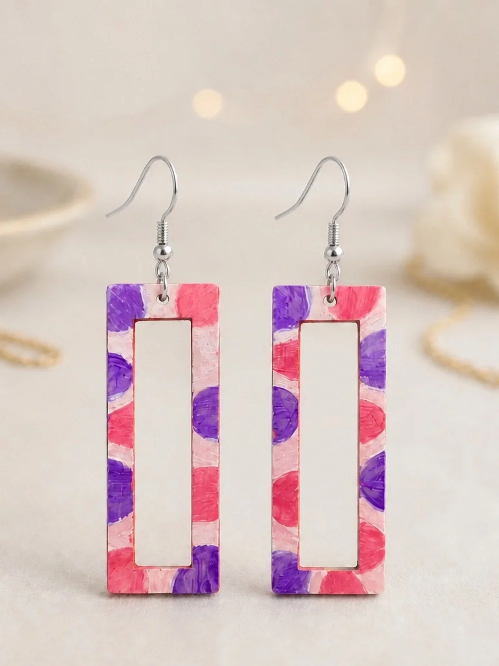 Chic Style Fashion Hand Painted Horizontal Square Pink/Purple Square Earrings